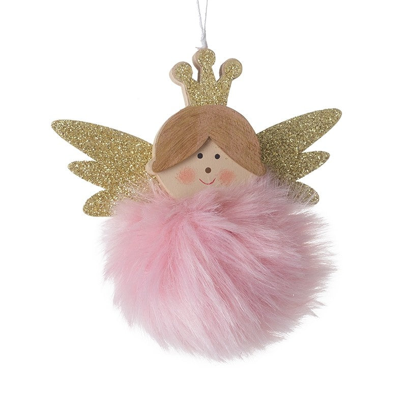Wooden Christmas Angel Pink Fur Snowball Hanging Decoration
