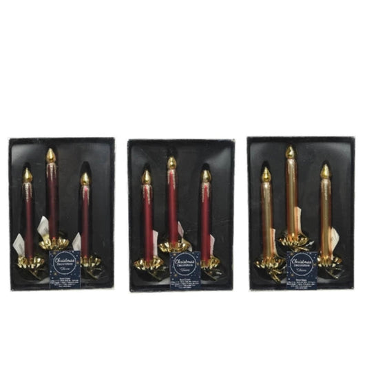 Set of three glass clip-on candles in red, gold, and burgundy colors, packaged in black boxes with a Christmas tree decoration theme.