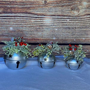 Christmas Silver Bells set of 3 with Festive Foliage