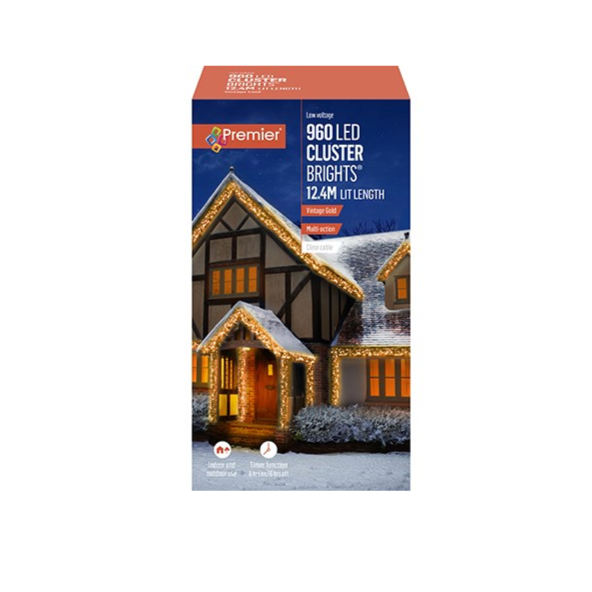 Premier 960 LED Cluster Brights Christmas Lights Vintage Gold Clear Cable