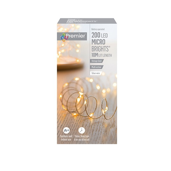 200 Vintage Gold Microbright LED Pin Wire Lights