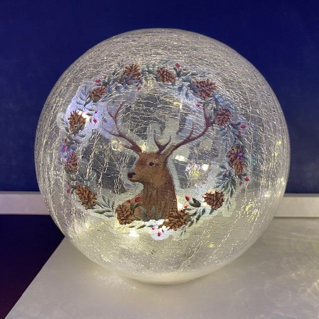 Crackle Effect Lit 20cm Ball with Reindeer Head Print