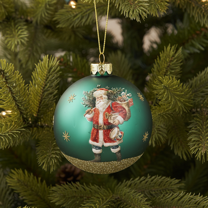 Green Nostalgia Santa Glass Christmas Tree Bauble 8cm