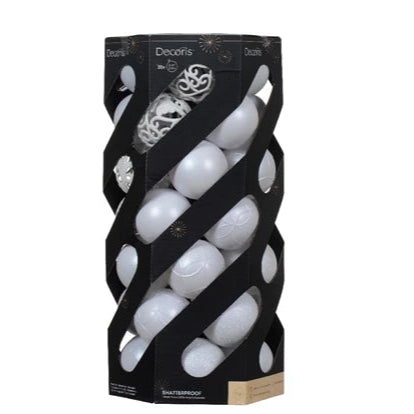 Packaged white decorative eggs with a black box on a white background