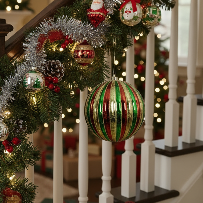 Large Red Gold and Green Stripe Christmas Bauble 20cm