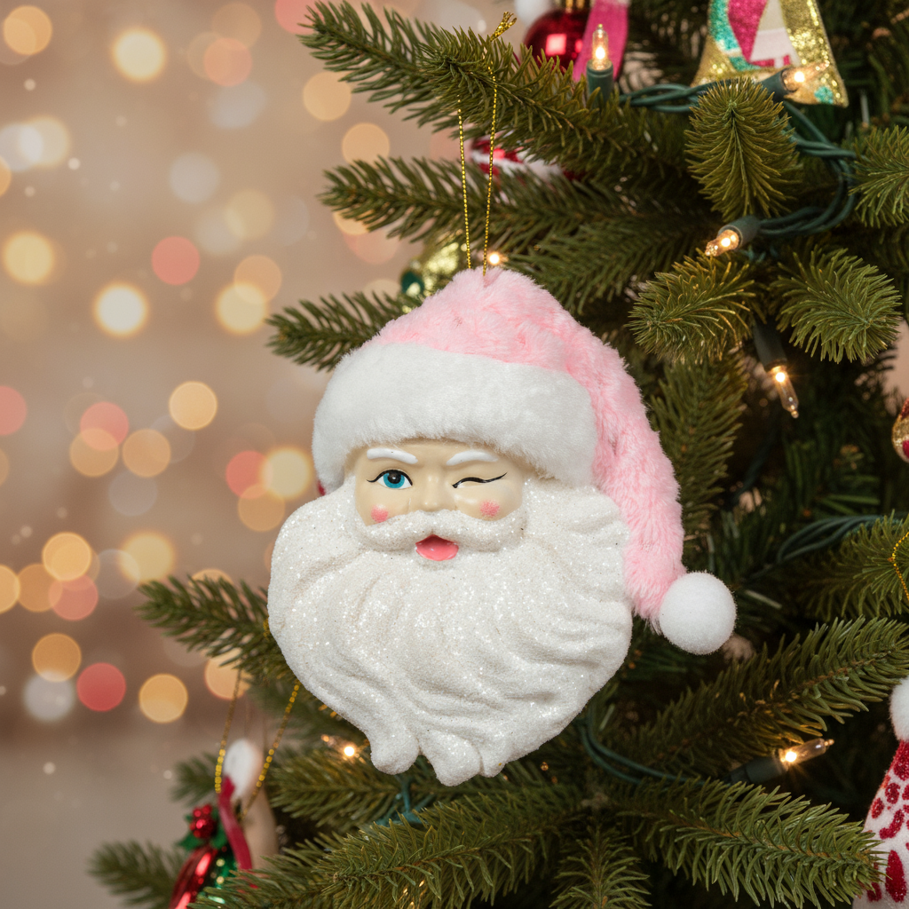 A pink and white Santa Claus head Christmas decoration with a wink expression, hanging by a string.