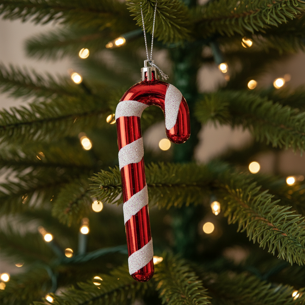 A red and white striped candy cane hanging from a silver wire, with a shiny and glittery appearance on the white stripes.