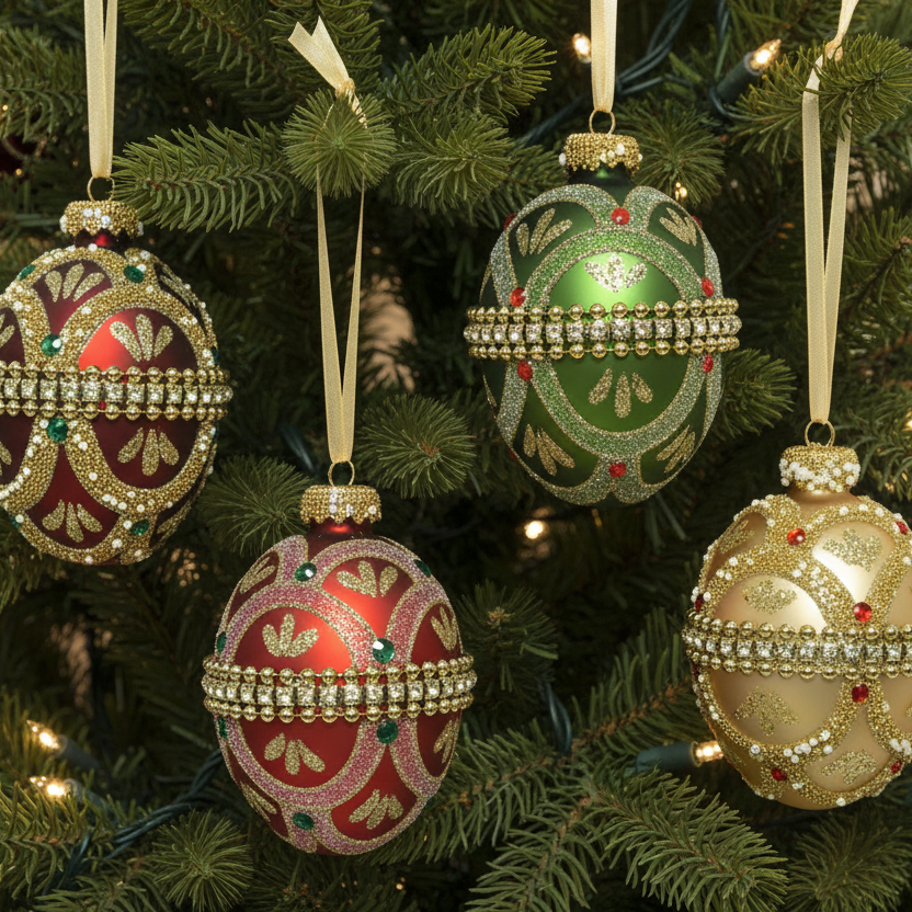 Decorative Christmas ornaments shaped like eggs in red, green, and gold on a white background.