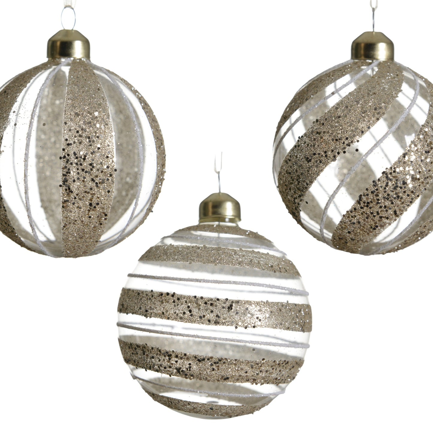 Three decorative glass balls with metallic finishes on a white background