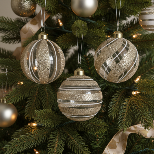 Gold Glitter Stripe Transparent Glass Christmas Bauble