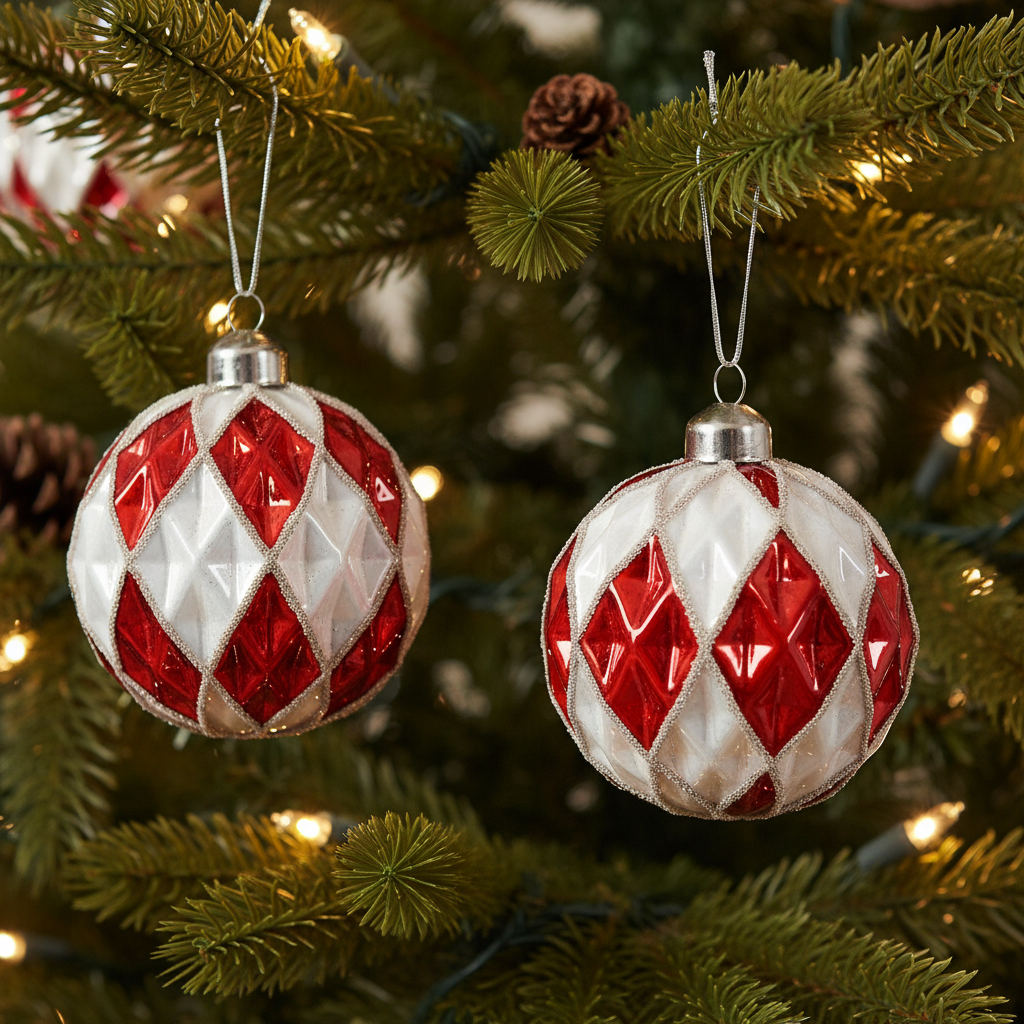 Two red and white diamond-patterned Christmas ornaments on a white background