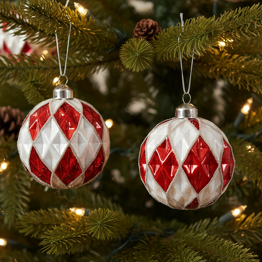 Two red and white diamond-patterned Christmas ornaments on a white background