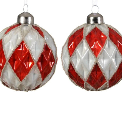 Red and White Harlequin Pattern Glass Bauble