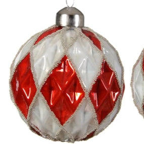 Red and White Harlequin Pattern Glass Bauble