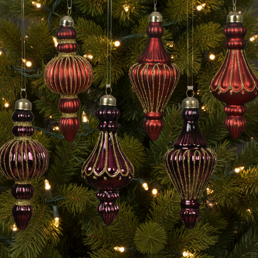 A set of glass ornament hanging decorations featuring a deep red color with gold accents.