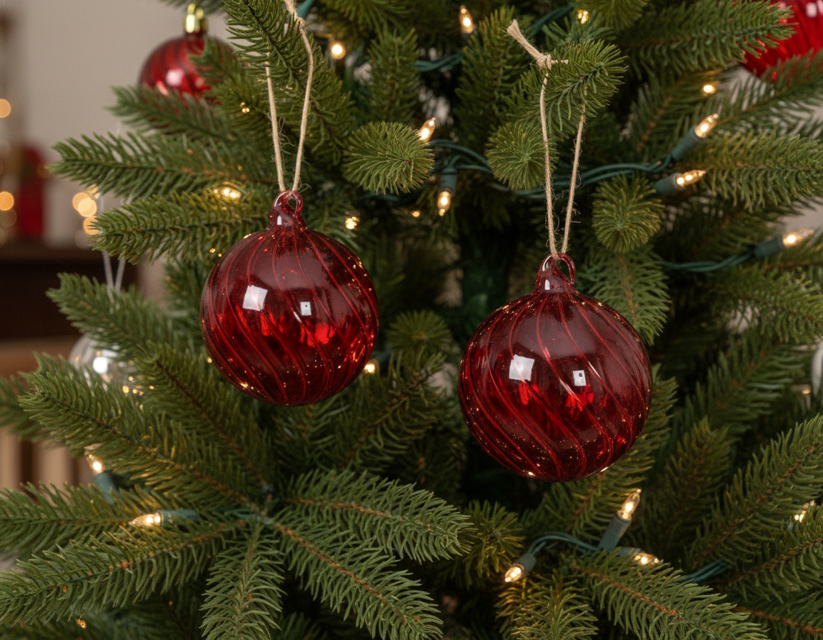 Two spherical glass ornaments with a translucent swirl design, one deep red and one red, with glossy finishes and hanging ropes.