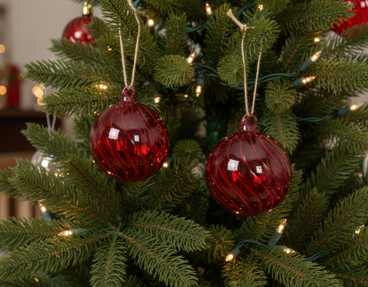 Two spherical glass ornaments with a translucent swirl design, one deep red and one red, with glossy finishes and hanging ropes.