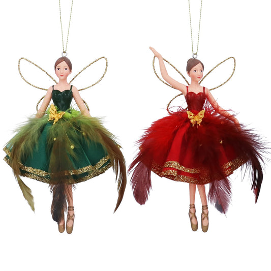 Two fairy ornaments, one green and one red, on a white background