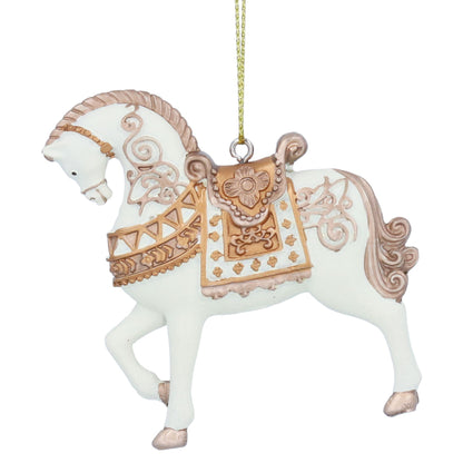 Decorative horse ornament with gold accents on a white background