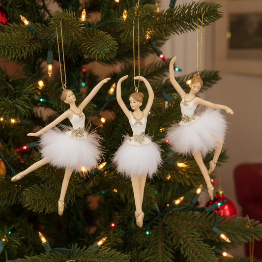 Cream and Gold Ballerina with Feather Tutu Hanging Christmas Decoration