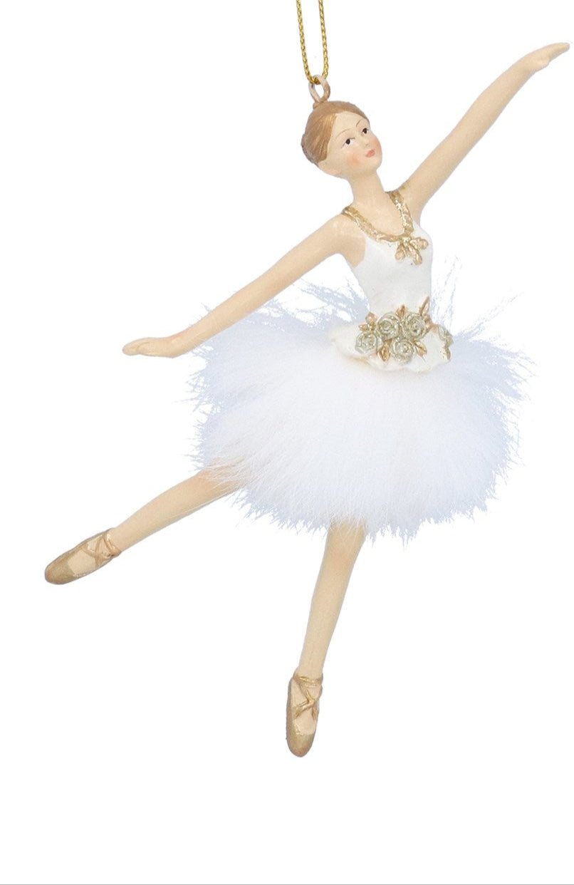 Cream and Gold Ballerina with Feather Tutu Hanging Christmas Decoration