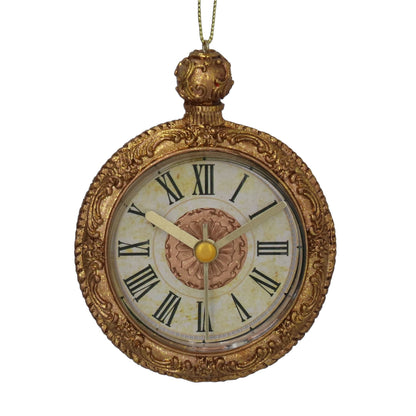 Decorative clock with gold frame and Roman numerals on a white background