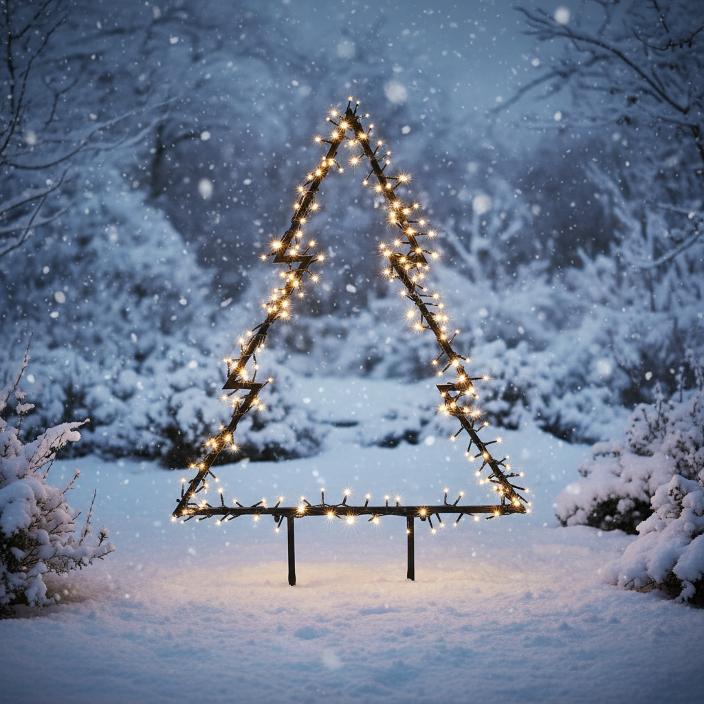 An outdoor Christmas tree silhouette light with warm white LEDs, mounted on a stake against a dark background.