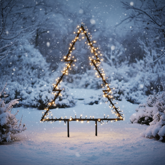 An outdoor Christmas tree silhouette light with warm white LEDs, mounted on a stake against a dark background.