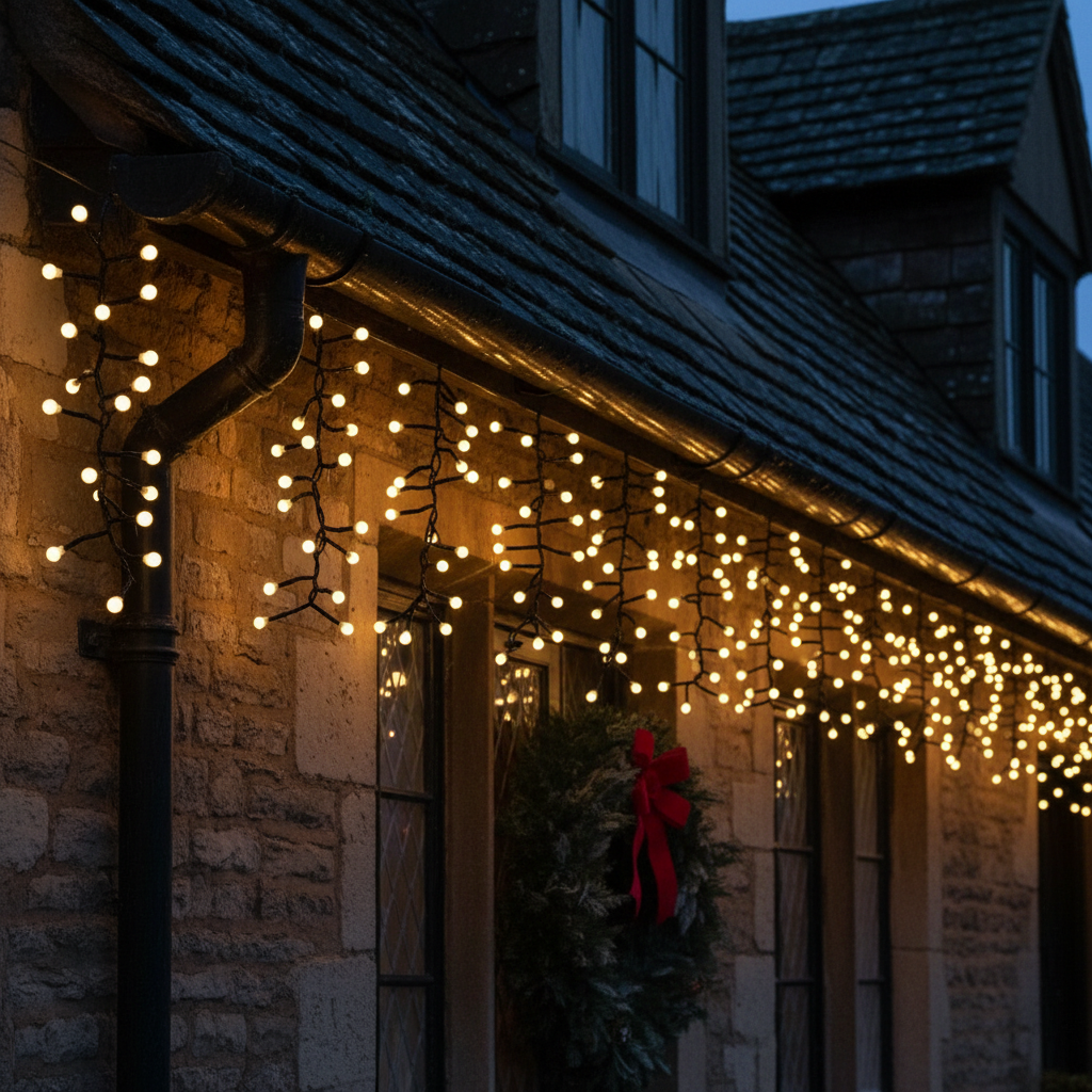 String lights on a stone building with a wreath and red bow.