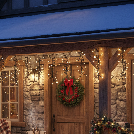 A string of warm white LED icicle berry lights with black wires, designed for indoor or outdoor decoration.