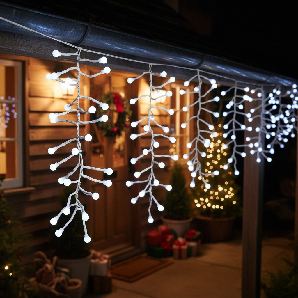 Strings of white LED icicle lights hanging from a distance, creating an icicle effect, against a dark background.