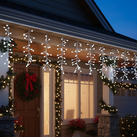 A string of white LED icicle Christmas lights with a decorative berry shape displayed against a dark background.