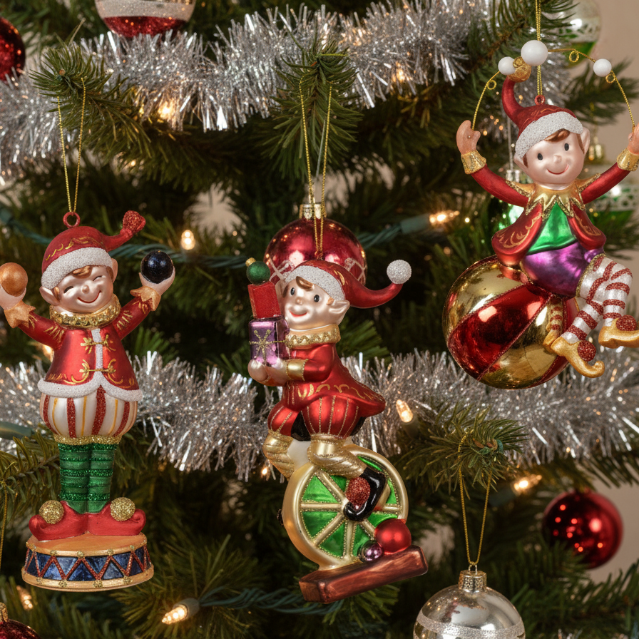 A set of three festive glass hanging decorations featuring elf characters in various playful poses.