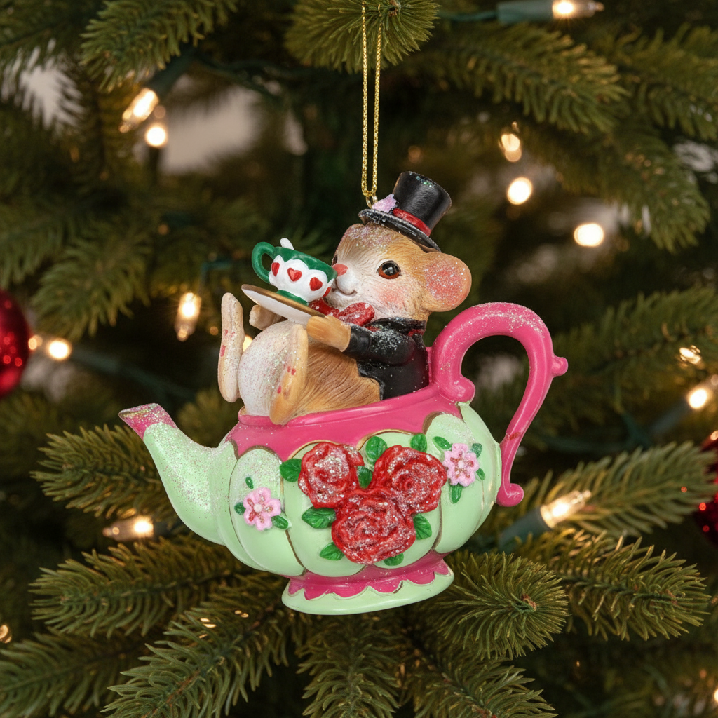 Dormouse in Teapot Hanging Christmas Tree Decoration