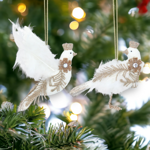 Set of 2 Cream and Gold Dove Hanging Christmas Decoration