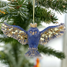 Load image into Gallery viewer, Blue and Gold Flying Owl Hanging Christmas Decoration

