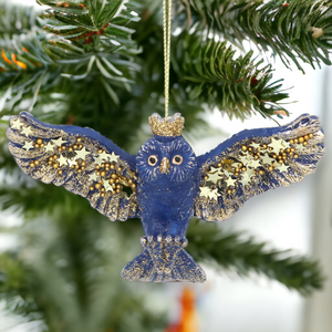 Blue and Gold Flying Owl Hanging Christmas Decoration