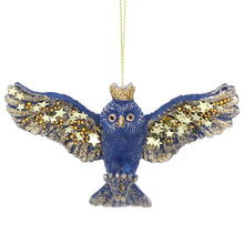 Load image into Gallery viewer, Blue and Gold Flying Owl Hanging Christmas Decoration
