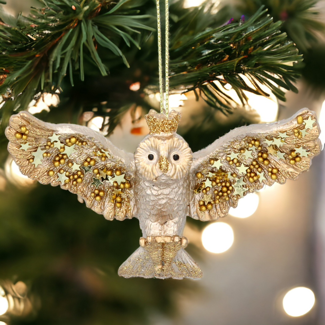 Two-Tone Gold Flying Owl Hanging Christmas Decoration