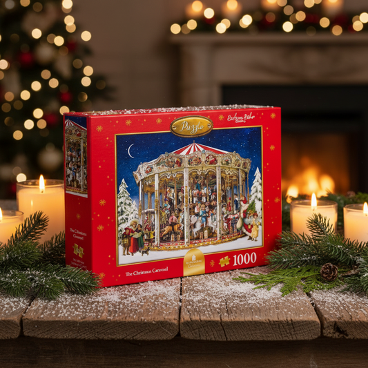 A 1000 piece jigsaw puzzle box featuring a Christmas carnival design with a red and white color scheme and snow on the ground.