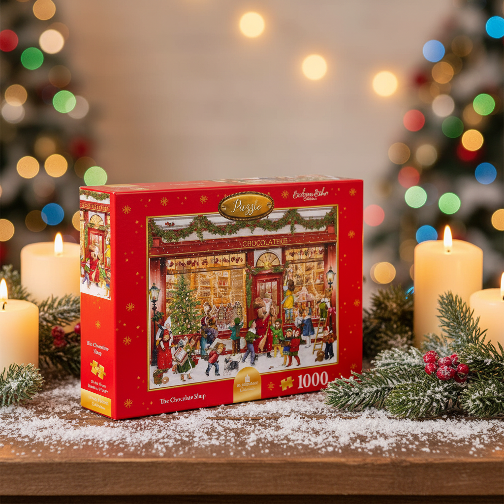 A 1000 piece jigsaw puzzle box featuring a Victorian inspired chocolate shop scene with Christmas decorations.