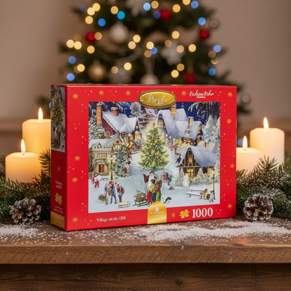 A 1000 piece jigsaw puzzle depicting a traditional Christmas village scene on the hill, with people engaging in festive activities around a decorated tree and houses.