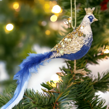 Load image into Gallery viewer, Blue and Gold Feather Pheasant Christmas Decoration
