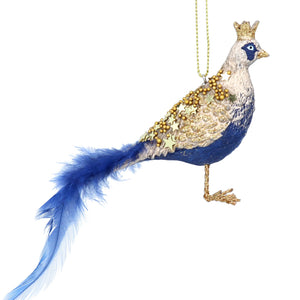 Blue and Gold Feather Pheasant Christmas Decoration