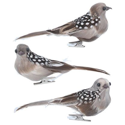 Three decorative birds with spotted patterns on a white background