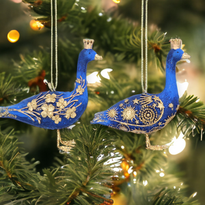 Set of 2 Blue and Gold Geese Hanging Christmas Decoration