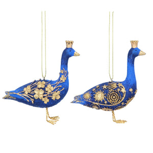 Set of 2 Blue and Gold Geese Hanging Christmas Decoration