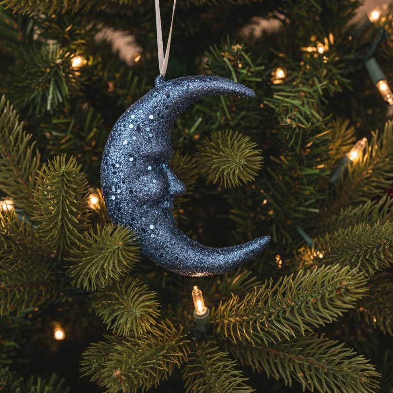 Blue Glitter Moon Christmas Decoration