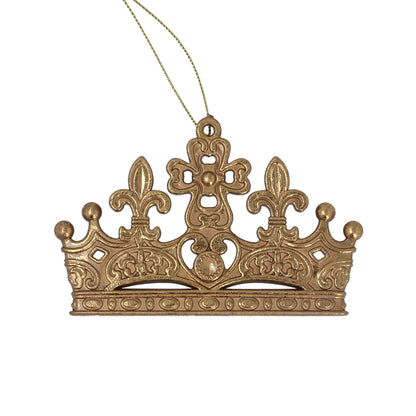 A gold flat crown-shaped Christmas hanging decoration with a matte finish and a hanging wire.