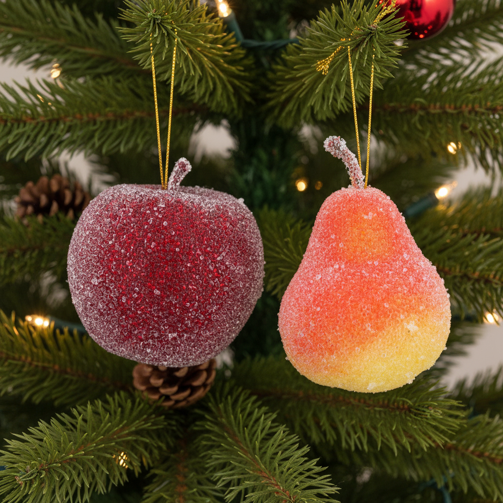 Frosted Apple and Pear Hanging Christmas Decoration